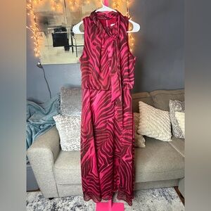 London Times Pink & Burgundy Zebra Print Tie-Neck Maxi Dress Size 6